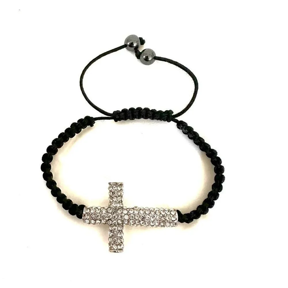 Rhinestone cross black cord adjustable bracelet